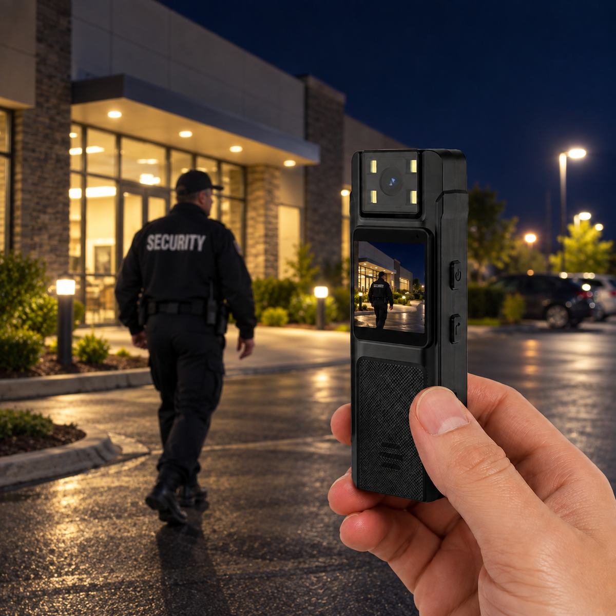 Valenza rotatable body camera held by a night security guard